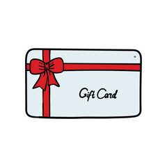 Hand drawn doodle gift card with red ribbon on white background.