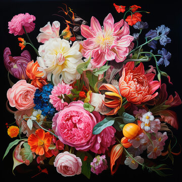 Bright beautiful bouquet of summer flowers on black.