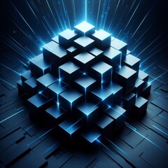 Abstract digital art featuring a futuristic structure of glowing blue cubes arranged in a complex, geometric pattern on a dark background.. AI Generation