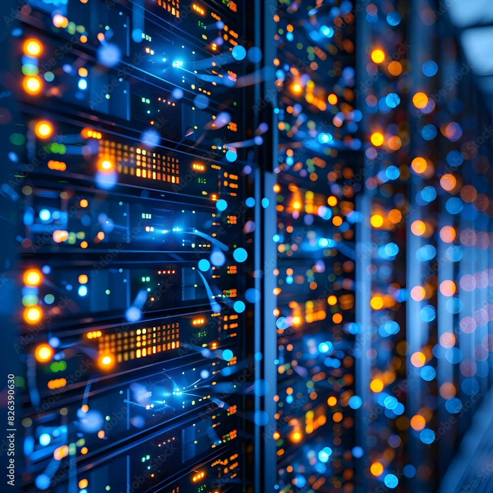 Poster glowing server racks in futuristic data communication hub