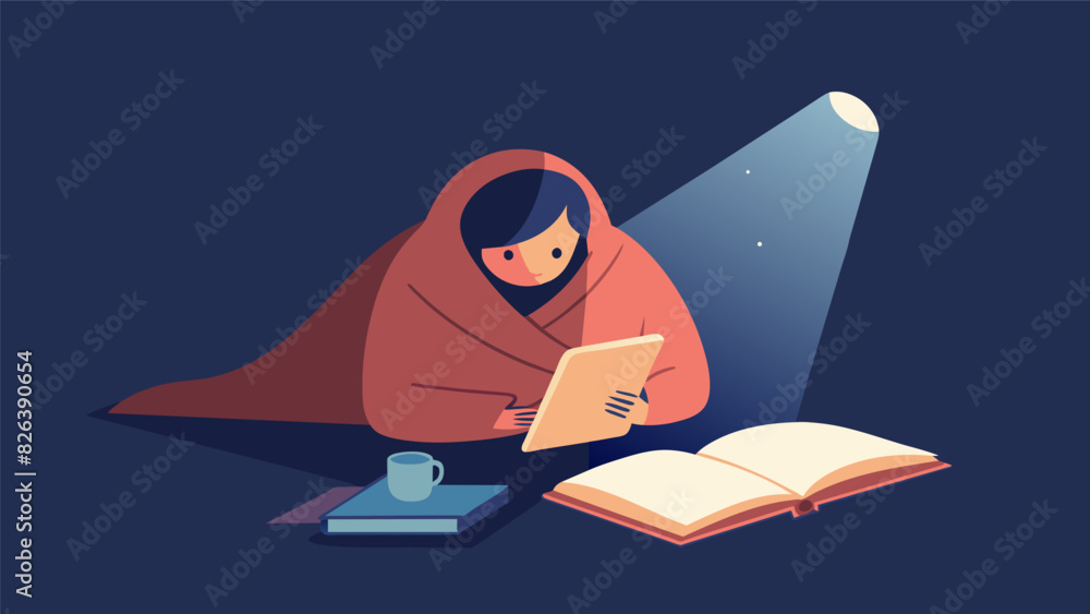 Poster a person curled up in a warm blanket their journal open in front of them and a light box shining ont