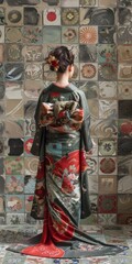 Naklejka premium Woman in Traditional Japanese Kimono with Colorful Pattern Standing in Front of Wall with Tile