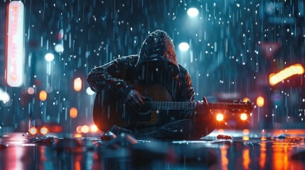 A Street Performers Passionate Guitar Performance Illuminated by the Moody Ambience of a Rainy City Evening
