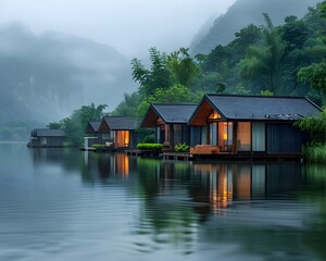 Fototapeta premium Floating Bungalows on a Tranquil Lake with Sustainable Design and Eco friendly Architecture