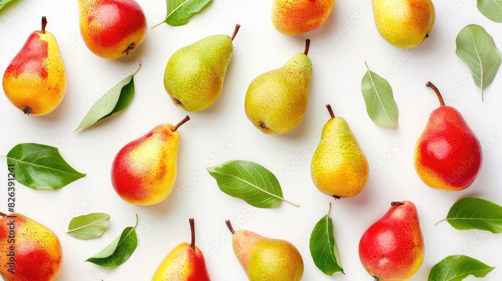 Poster top view of vibrant pear fruits in red yellow and green with leaves isolated on a white background f