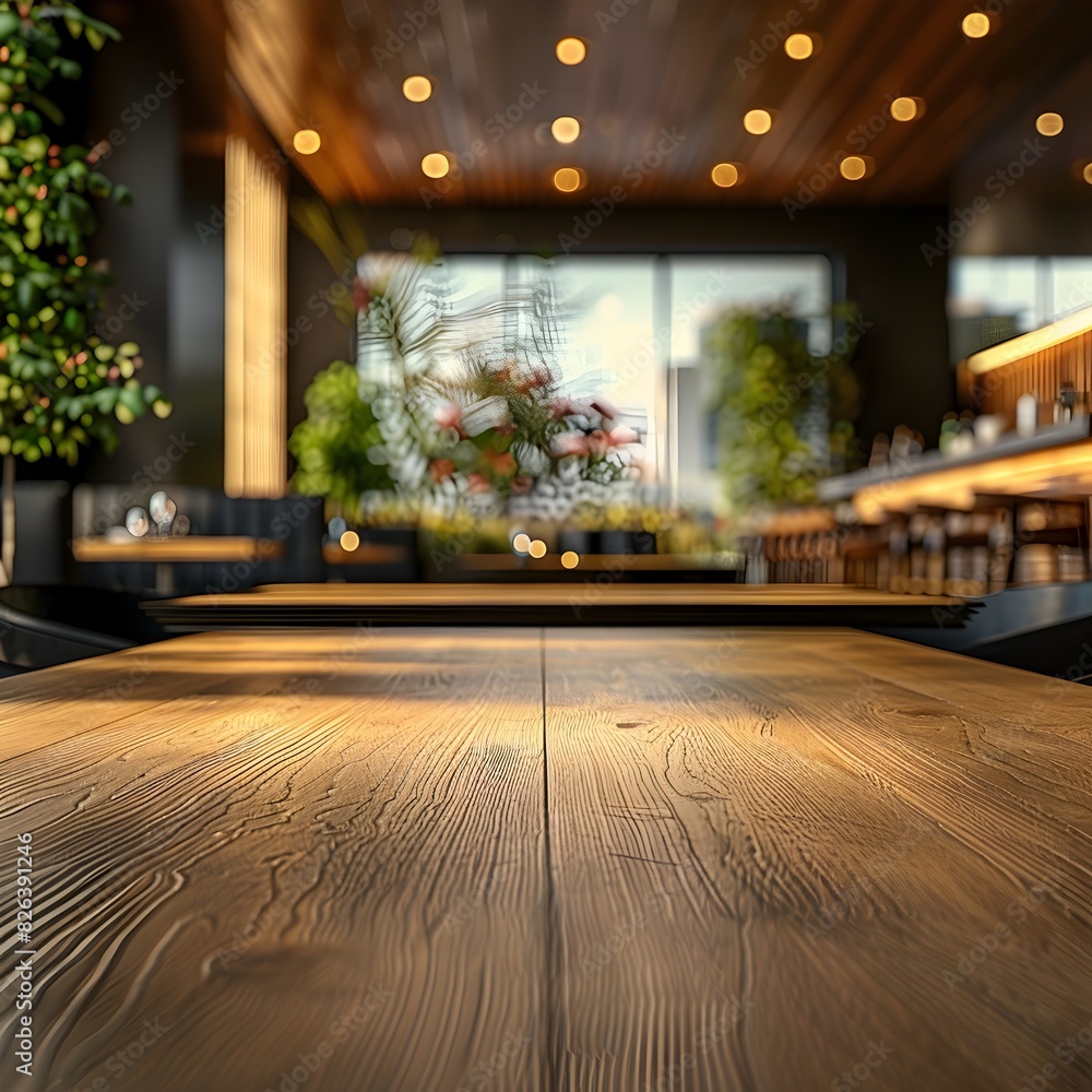 Poster elegant and modern wood table in a contemporary fusion restaurant with a diffuse and blurred backgro