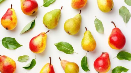 Obraz premium Top view of vibrant pear fruits in red yellow and green with leaves isolated on a white background for text placement Flat lay design