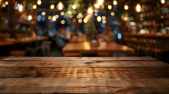 Rustic Wooden Table in Blurred Italian Trattoria Setting with Cozy Atmosphere