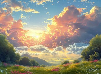 Beautiful Sunset Over a Flower Field