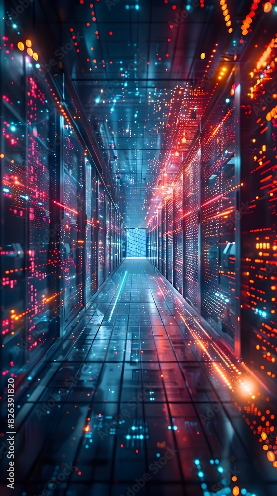 Poster futuristic quantum computer room with glowing lights and immense data streams