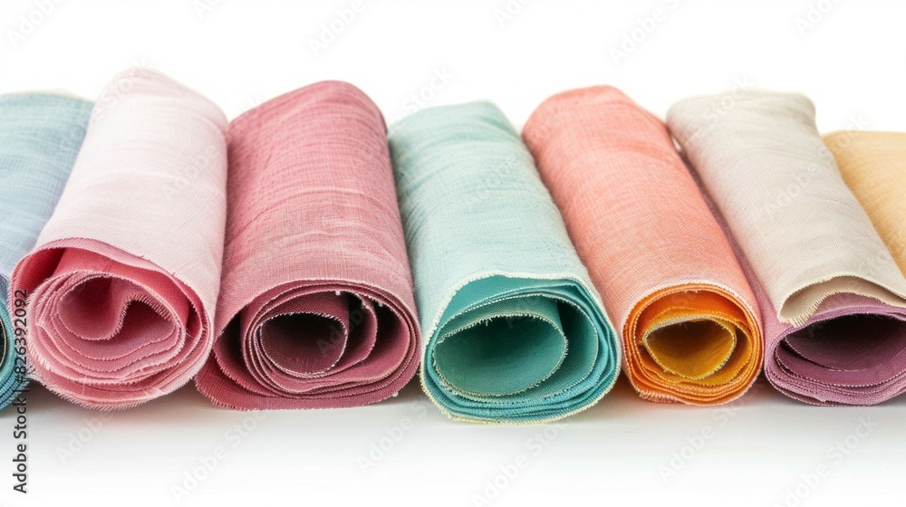 Poster a row of colorful fabric rolls, each with a different color