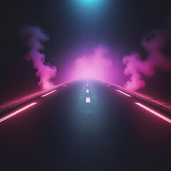 An empty street with neon lights on both sides and some smoke in between