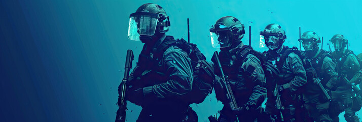 Fototapeta premium De-escalation Tactics (Turquoise): Signifies the use of tactics and strategies by police to de-escalate tensions and prevent violence during protests