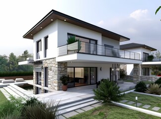 Fototapeta premium Modern House Exterior with Pool and Garden Environment