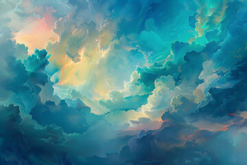 An ethereal masterpiece of abstract art, bursting with vibrant shades of turquoise and blue, capturing the mesmerizing beauty of a colorful cloudscape in the sky