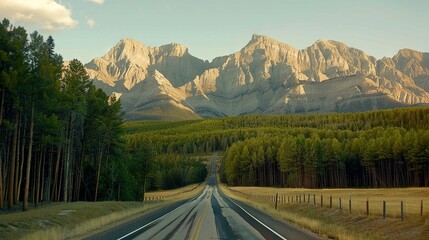   A stunning image of mountains and a road, surrounded by trees in the background