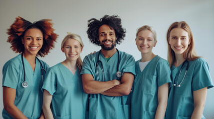 portrait of a diverse  group of medical team, wearing scrubs, celebrating medical education