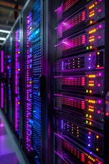 Obraz premium Server room with colorful lights illuminating the hardware