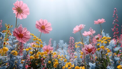 Vibrant pink and yellow wildflowers bloom in a field bathed in sunlight.