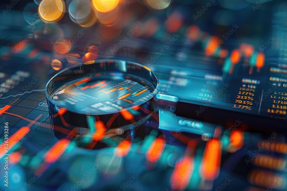 Poster Financial data on a screen with a magnifying glass highlighting specific information and graph trends