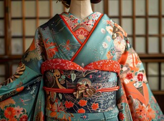 A close-up of a woman wearing a kimono