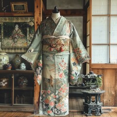 A kimono with a floral pattern and a traditional obi
