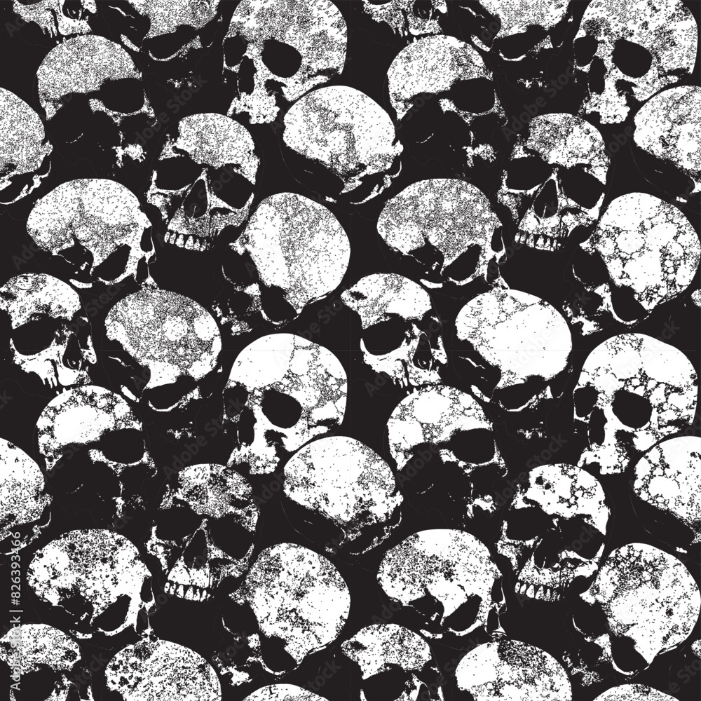 Poster seamless pattern with human skulls with grunge texture. vector background with sinister smiling skul