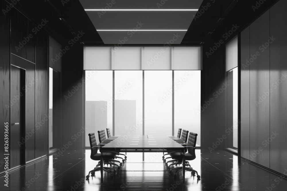 Poster Front view of empty modern conference room with office table and chairs.