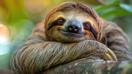 Fototapeta premium Funny sloth hanging on tree branch. Wild animal in the rainforest of Costa Rica
