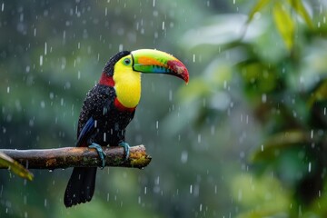 Obraz premium A toucan sits on a branch in the rain in the rainforest.