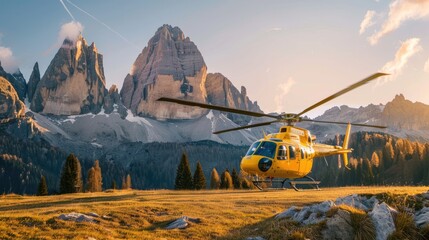 Yellow emergency helicopter in mountains dolomites