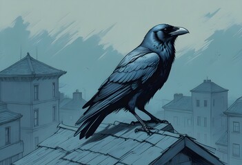 Naklejka premium Sketch lines a raven perched on the edge of a roof