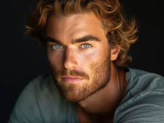 Charismatic young man with striking blue eyes and tousled hair, exuding confidence and depth in a compelling portrait, perfect for lifestyle, fashion, and personal branding visuals.
