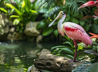 Photo of Roseate spoonbill bird in the wild, standing on water log near pond with plants at zoo Miami , full body shot, stock photo for magazine cover and wallpaper background - Powered by Adobe