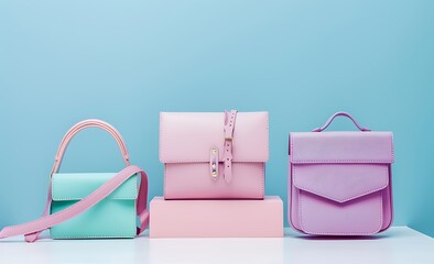 Photo of three women's handbags and clutch bags on a white table, in pink, purple and turquoise colors, against a pastel blue background, in a