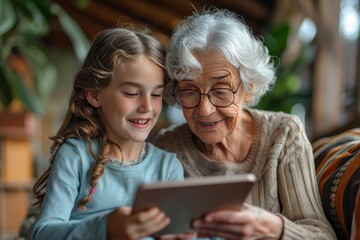An image displaying warmth and bonding, a senior woman with glasses and her granddaughter engage with a digital tablet