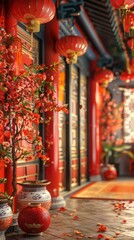 Fototapeta premium Chinese New Year Decoration with Sakura and Lanterns