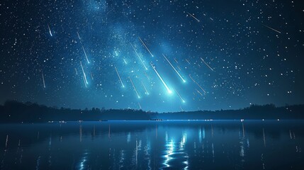 Sculpt a beach scene during a meteor shower, with shooting stars streaking across the night sky and reflecting off the