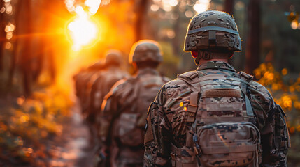 Soldier in helmet and body armor holds a weapon up rear view from the back. Soldier looks in the distance into the horizon