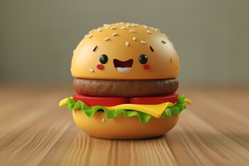 Cheerful 3d cartoon burger character with a happy. Cute and friendly face. Animated and designed as a playful and creative mascot. On a colorful and joyful wooden background. Snack. Adorable. Lettuce