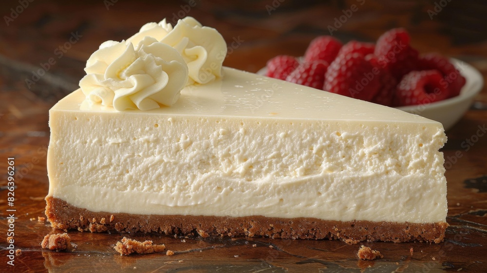 Poster showcase the intricate layers and creamy texture of a classic new york cheesecake, featuring a butte