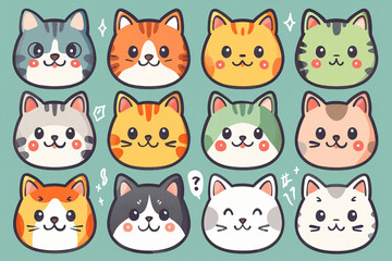 A grid of cute kawaii cat characters in the style of digital art and vector illustration, character design sheet, simple shapes with low details and flat colors, sticker designs in the style of vector
