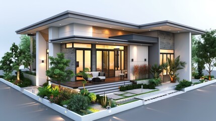 A modern house with a flat roof and a large terrace