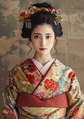 Fototapeta premium Portrait of a beautiful Japanese woman in traditional kimono