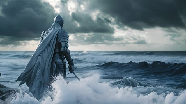 A cloaked figure stands facing turbulent ocean waves under a stormy sky