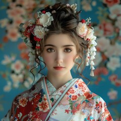Portrait of a beautiful young woman in a kimono with flowers in her hair