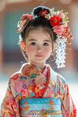 Cute Little Girl Dressed in a Traditional Japanese Kimono