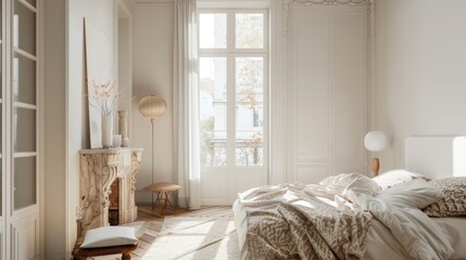 A bright, minimalist bedroom with white walls and large windows