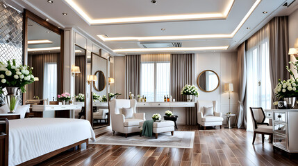 Fototapeta premium Beauty salon ward like hotel The living room and hair salon of the beauty salon are decorated with luxurious interior design drawings