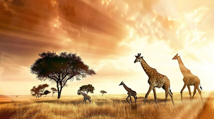   A group of giraffes and zebras strolled through a field with trees and clouds in the background